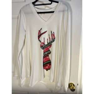 Cloth & Portrait Ivory Holiday Tunic Top with‎ Reindeer Graphic, Long Sleeve